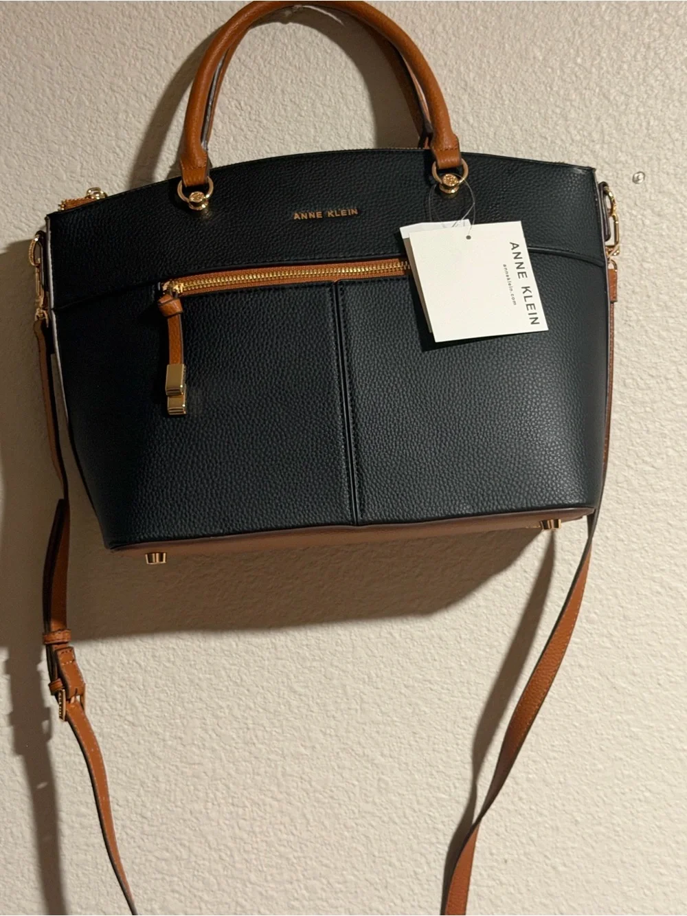 Anne Klein Black Satchel with Tan Trim and Gold Hardware